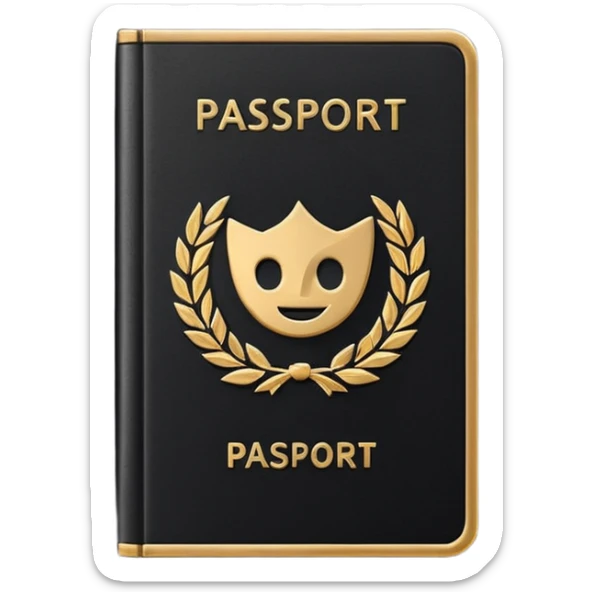 Minimal emoji icon of a black passport, matte cover, simple gold emblem, clean lighting sticker