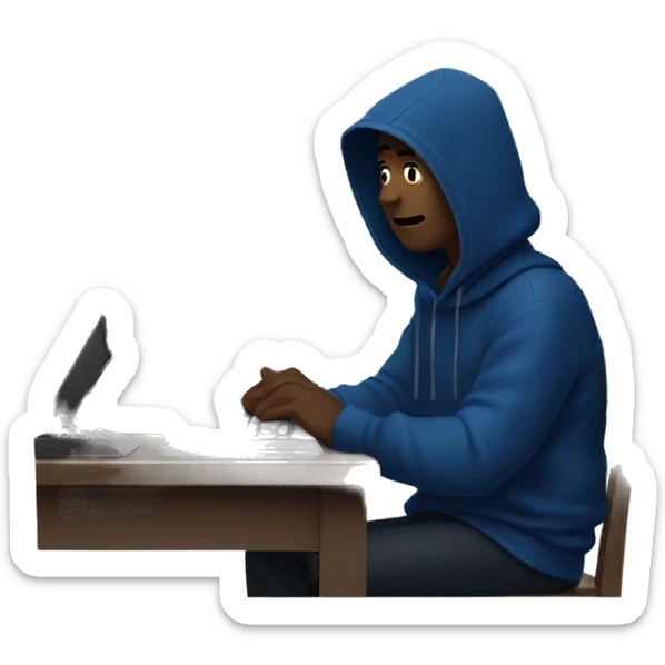 A man in a dark blue hoodie with a capelet on his head, his face not visible in the shadows, is sitting at a computer. sticker