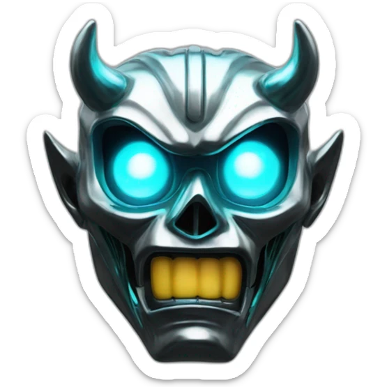 chrome demon with aquamarine lazer eyes and letter B on the face, 3d, portrait, black background sticker