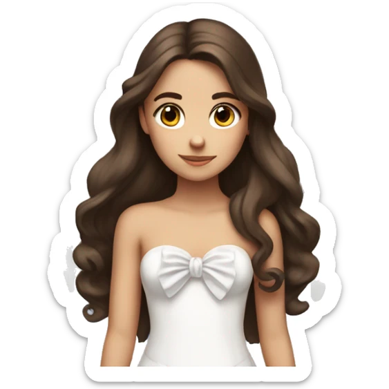 Brunette girl with long brown hair and brown eyes, with large angel wings and a white bow in a strapless dress sticker