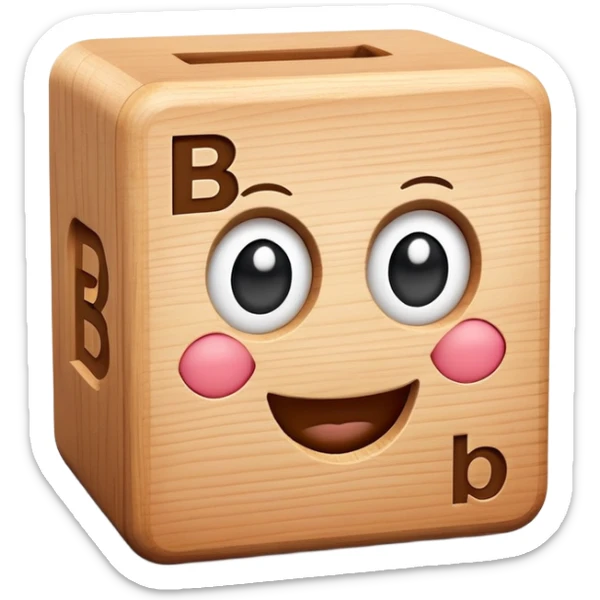 A wooden letter B block toy with adorable eyes and a happy expression sticker