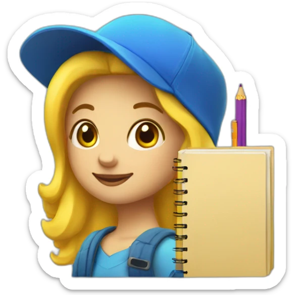 a girl with yellow hair in a blue hat with a yellow mallow holds a pen and a notebook in her hand sticker