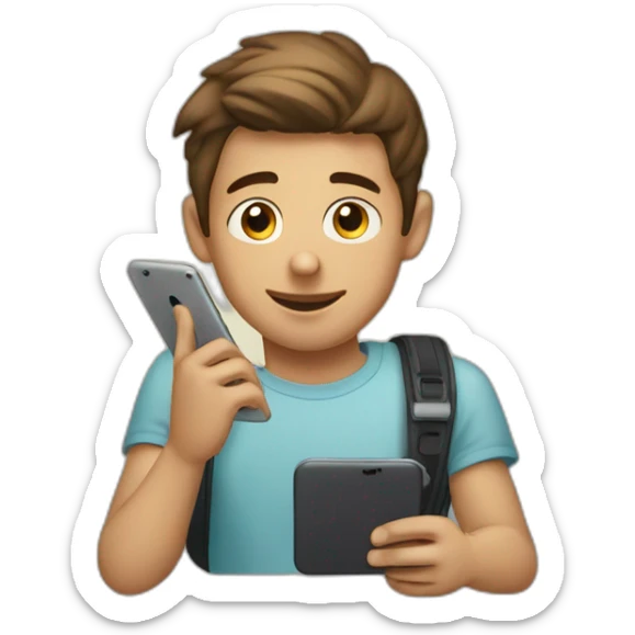 Illustrate a the essence of a boy absorbed in his mobile device, conveying a mix of fascination and enthusiasm. sticker