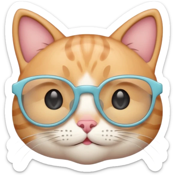 A cute cat emoji wearing geek-chic glasses, minimal design, simple shapes, soft pastel colors, clean vector style, centered composition, emoji style, smooth lines, subtle shadow, high resolution, transparent background, PNG format, no background sticker