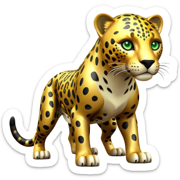 cinematic-jaguar-realistic-full-body-on all fours-emoji,-sleek-powerful-frame-poised-for-action,-golden-fur-adorned-with-bold-black-rosettes,-head-tilted-dramatically,-piercing-green-eyes-locked-onto-its-prey,-simplified-yet-realistic-focused-features,-highly-detailed,-glowing-with-an-almost-sarcastic-glow sticker