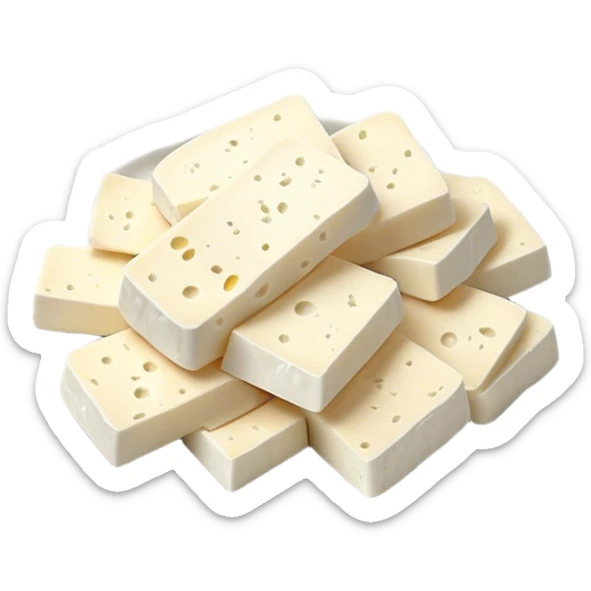 Feta Cheese Cinematic Realistic Feta Cheese Dish Emoji, depicted as slices of tangy, creamy feta cheese served on a plate, rendered with crisp textures and soft, natural lighting. sticker