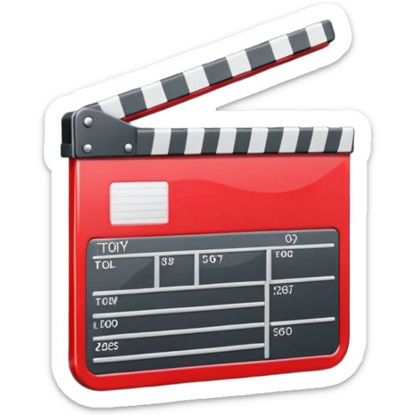 Glossy bright red clapperboard in the classic style of Apple icons: the top bar is tilted up-left, the body and bar with a deep glossy glare, dark gray edging, black background inside, perfectly square with rounded corners. sticker