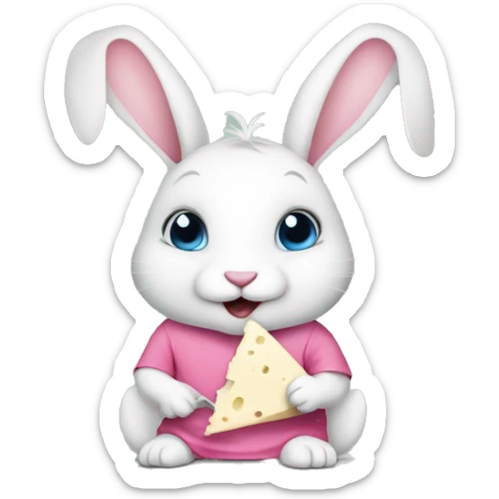 Cute rabbit: a white rabbit wearing a pink shirt . Eating a gorgonzola cheese sticker