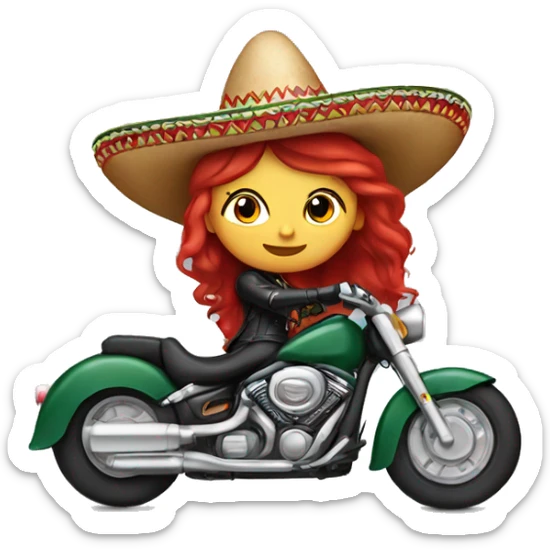 Mexican sombrero girl with red hair in leather on a motorcycle sticker