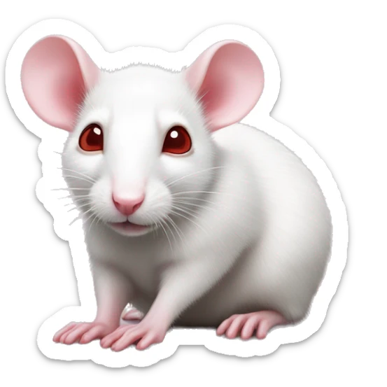 Realistic white rat with small ears, small eyes, bright red eyes and baby pink tail and baby pink paws in sleeping position neutral face eyes open body curled around pink nose hyperrealistic sticker