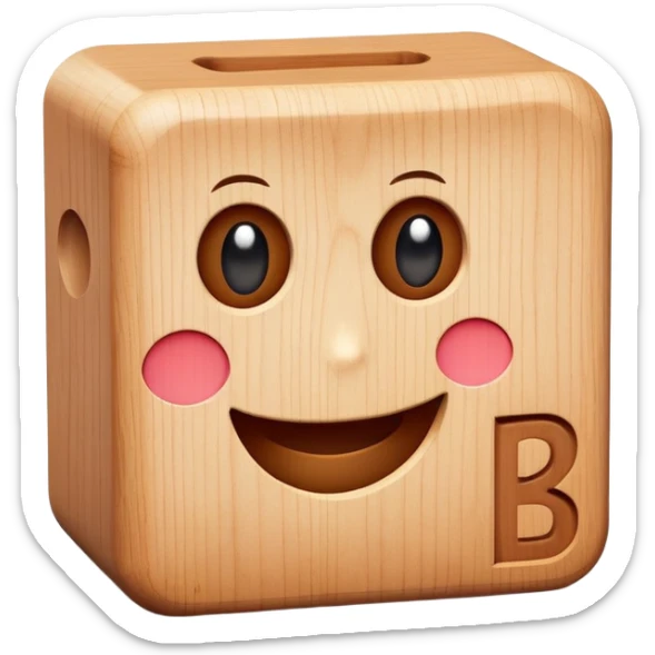 A wooden letter B block toy with adorable eyes and a happy expression sticker