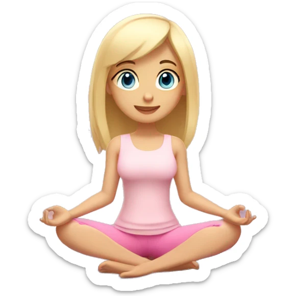blonde with bangs and blue eyes yoga girl light pink clothes sitting on yoga mat sticker