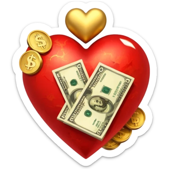 "Realistic HD red heart fused with cash and gold elements, heart seamlessly blended with money textures and molten gold details, dramatic warm glow, luxurious but clean, white background." sticker