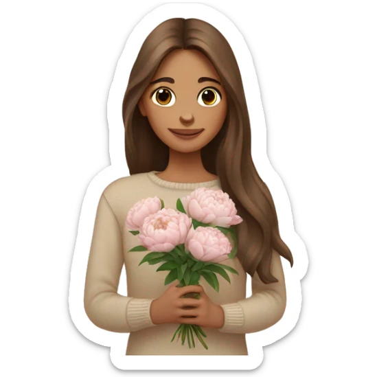 girl with long brown hair in beige sweater Holds a bouquet of peonies sticker