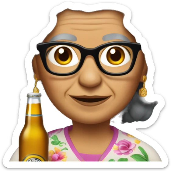 Mexican grandma with long curly black hair and glasses and a corona beer sticker