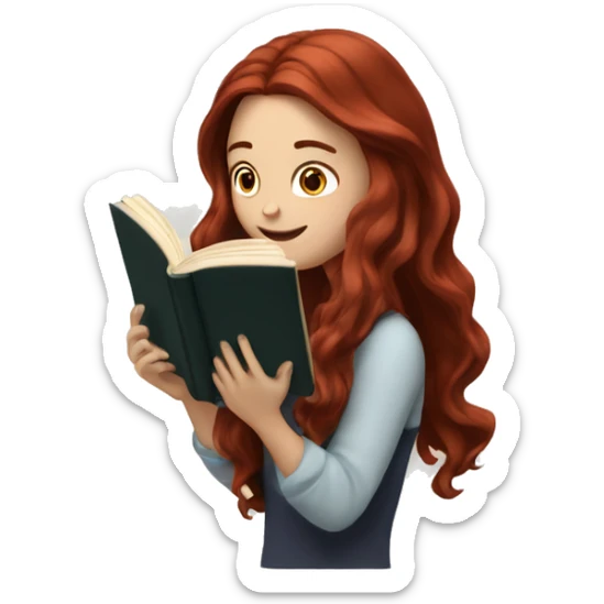 White girl with long loose wavy dark red hair reading a book sticker