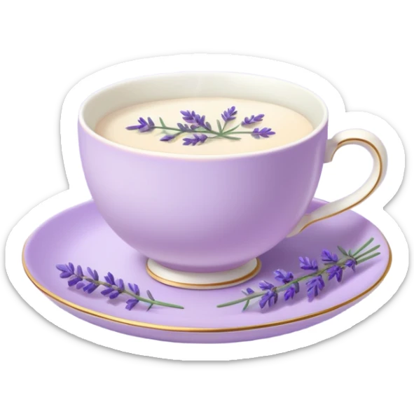 White teacup on a pastel purple plate, lavender flowers on the side, pastelcore aesthetic, cottagecore sticker