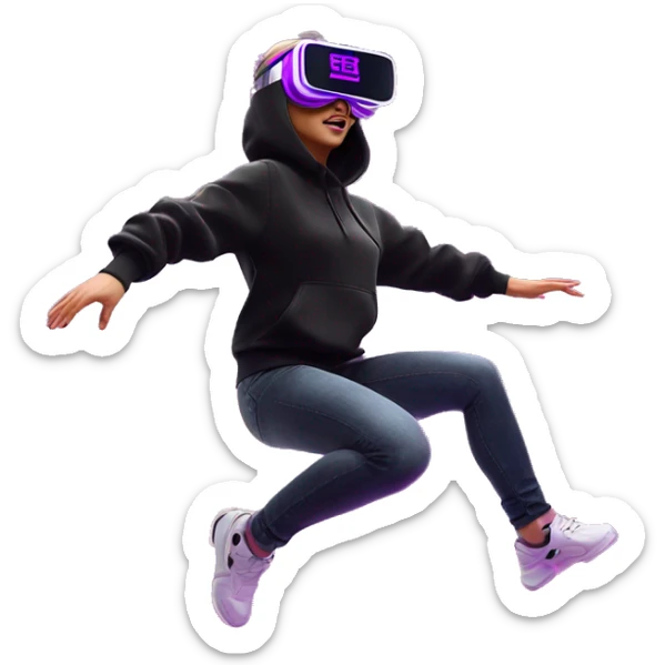 Russian girl wearing black hoody with violet letters "OMG", in vr headset oculus quest2. jumping. Cyberpunk style. Violet neon. sticker