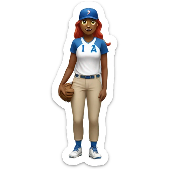 a standing white female coach with long red hair, wearing a white t-shirt and a simple blue baseball hat, in a friendly and confident pose sticker