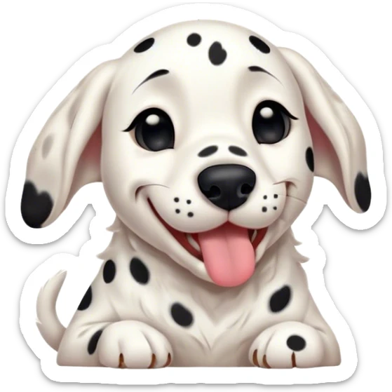 Cinematic Cute Yawning Dalmatian Portrait Emoji, Head tilted slightly with a dramatic, wide-open yawn, revealing a pristine white coat with bold black spots, floppy ears slightly drooping, round dark eyes barely open in drowsy contentment, Simplified yet irresistibly adorable features, highly detailed, glowing with a soft, cozy glow, high shine, relaxed yet expressive, stylized with a touch of whimsy, bright and endearing, soft glowing outline, capturing the essence of a sleepy yet affectionate companion, so drowsy it feels like it could stretch right out of the screen and curl up for a nap! sticker