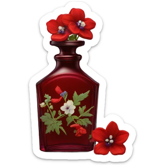 Dark red vintage French style perfume bottle with red delphiniums sticker