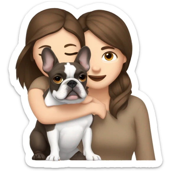 Brown hair brown eye woman hugging light brown French bulldog and grey French bulldog sticker