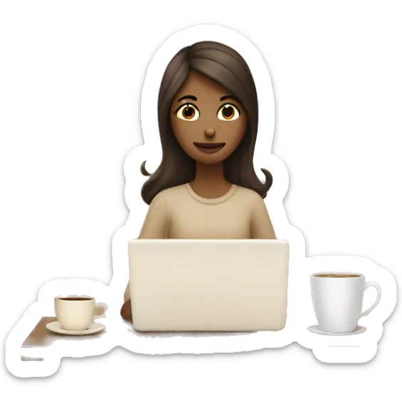 Half face of a girl at the laptop. A a cup of coffee on the left side of the table. Books on the right side. in beige tones sticker