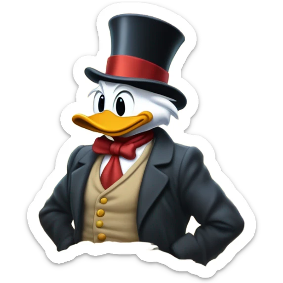 a slim successful looking scrooge mcduck standing atop a pile of money sticker