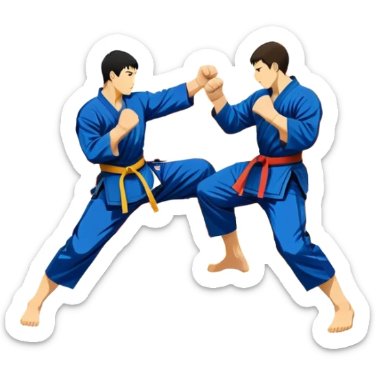 An emblem-style design featuring crossed martial arts weapons like a fist and foot, symbolizing striking combat sports. The background includes a silhouette of a fighter in an action pose, with dynamic lines and bold colors, showcasing speed and power. Transparent background. sticker