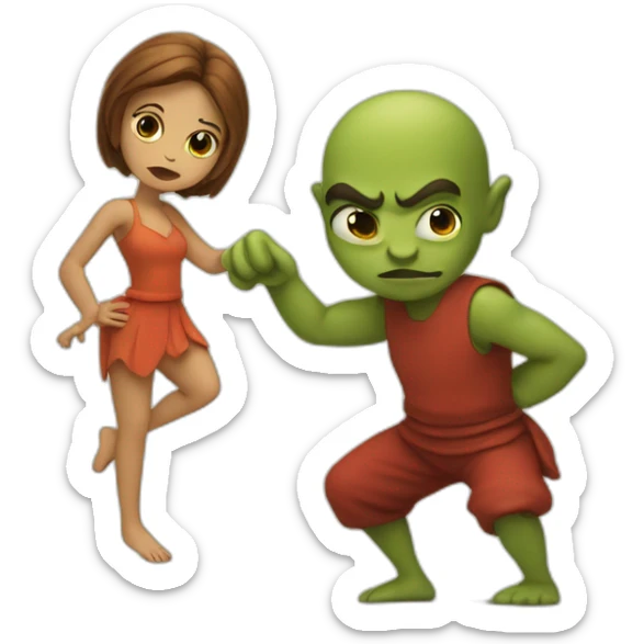 A little imp sneaks on tiptoe with a disgruntled face and carries a woman's leg sticker