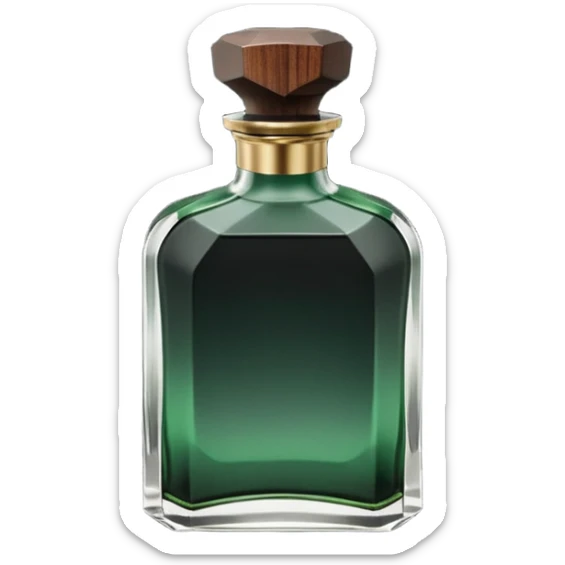 A masculine fragrance bottle featuring a gradient of deep forest green to charred black glass. The cap is made of dark walnut wood. The bottle is placed on a jagged piece of slate rock with a faint mist in the background. Earthy, moody, textured, photorealistic. sticker