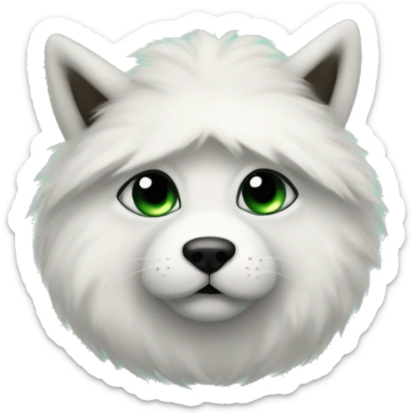 White fur with black patches, Green eyes with a calm gaze, Black marking near the mouth like a little mustache ,Sleek and cozy under a fluffy blanket   sticker