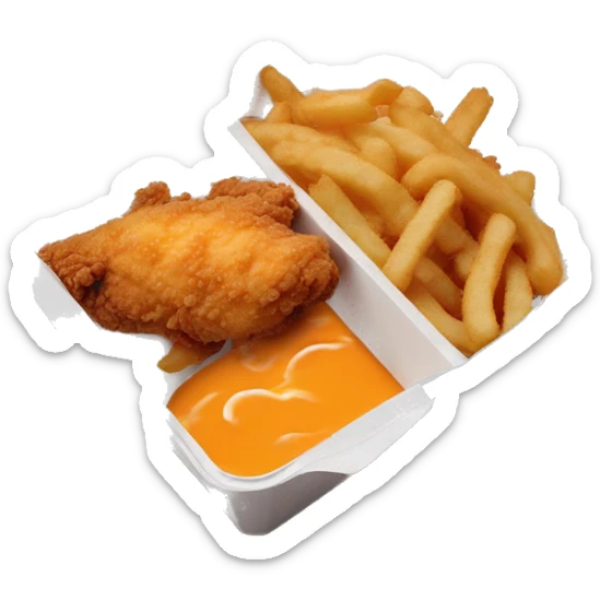 3 chicken tenders with crinkle fries and orange sauce on the side in a styrofoam container styrofoam container sticker