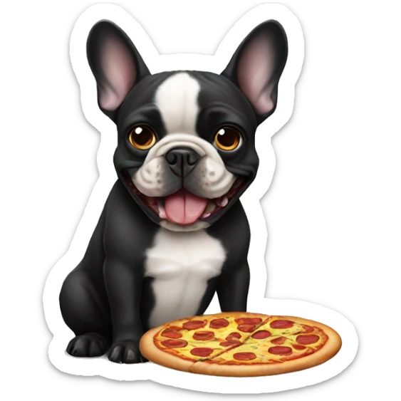 All black French bulldog eating pizza sticker
