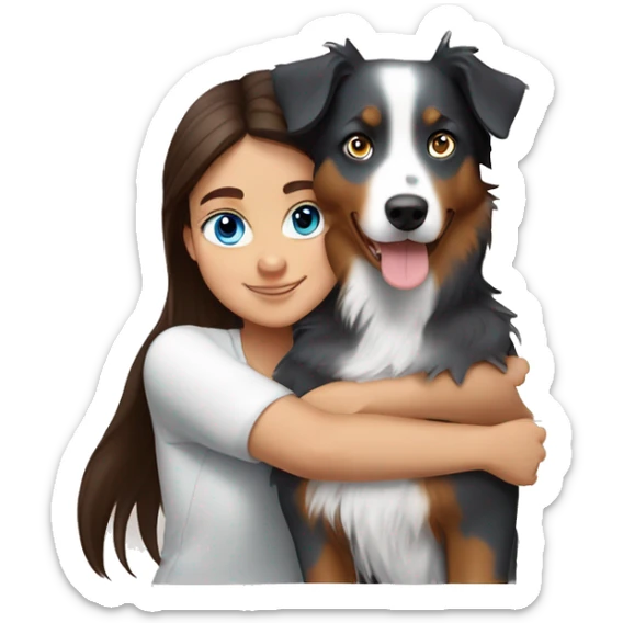 Brunette blue blue-eyed girl hugging Tricolored Australian Shepherd sticker