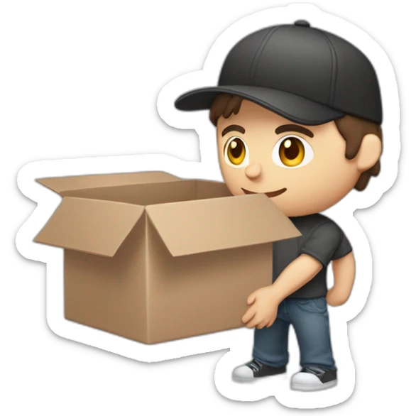 Pale skinned fit Man with dark brown hair in a black cap, gray jeans and brown polo T-shirt keeping a pasted with tape white box into his hands sticker
