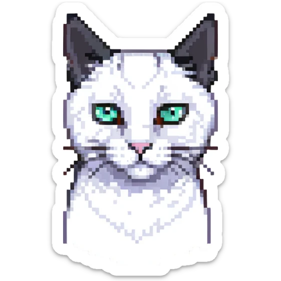 a close up portrait of a realistic adult white cat with black ears, he is giving skeptical slant eyed side-eye to the camera, cutscene graphic
 sticker