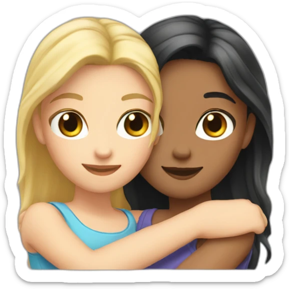 Two Girls are hugging each other. One girl has blond hair and Light eyes and the second girl has dark hair and dark eyes sticker