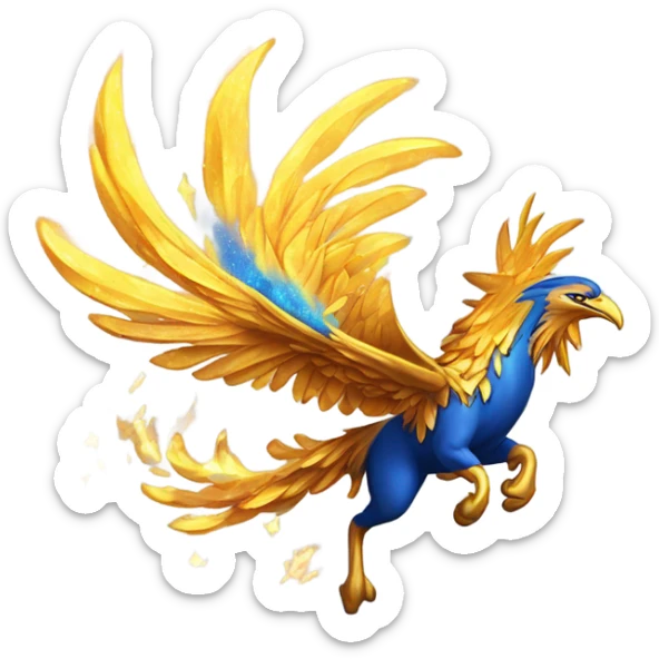 “A molten gold phoenix with electric-blue wings, mid-flight, leaving a trail of fiery stardust and sparks.” sticker