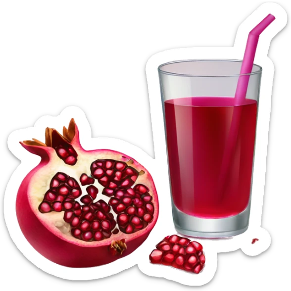a glass of pomegranate juice with a slice of pomegranate beside it, a straw in it sticker