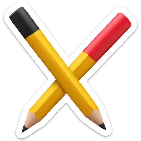 Create an emoji of a pencil with a soft red eraser, short yellow body, and sharp black tip, featuring a slight 3D effect and transparent background. sticker