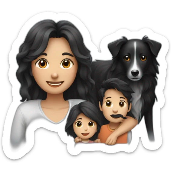 Family formed by a man a woman with long black hay and one small black border collie sticker