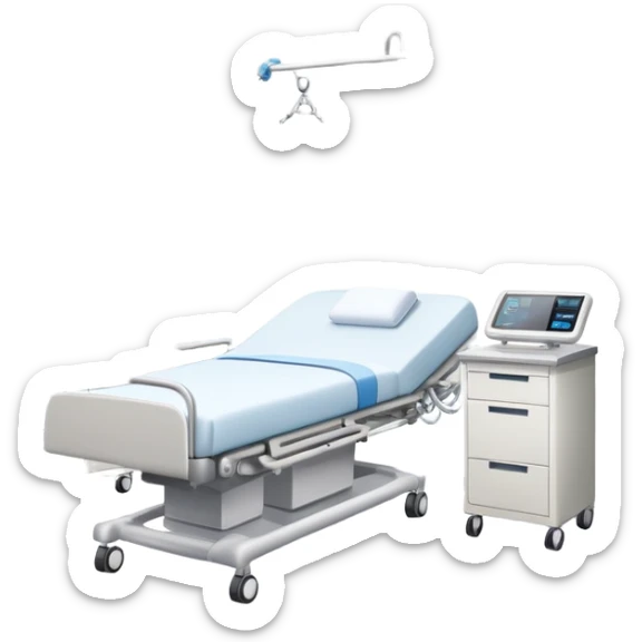 Hospital sleep laboratory with hospital bed, sleep monitoring equipment, medical staff, EEG monitors, and hospital room features sticker
