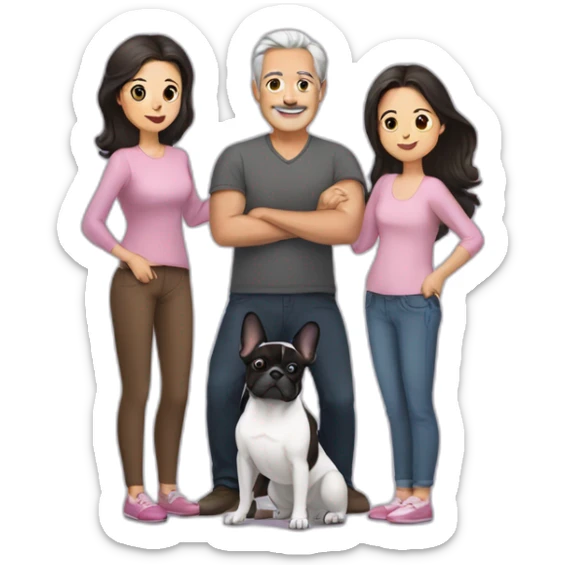 Family-with-father-without-mustache-mum-with-grey-hair-two-brunettes-daughters-with-long-hair-and-just-one-black-French-bulldog sticker