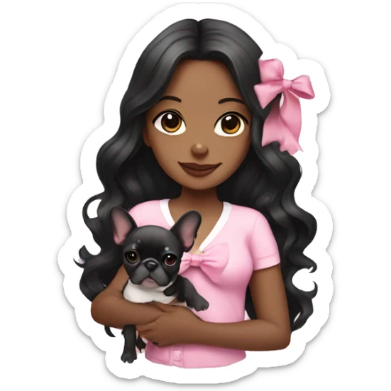  girl with long black wavy hair wearing a pink shirt holding a french bulldog wearing a white bow  sticker