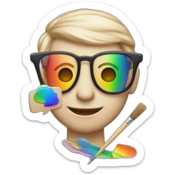 a rainbow with a human face with glasses, a smile and an artist palette by his side sticker