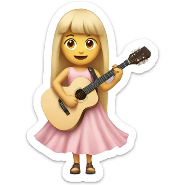 Girl with long blonde hair and bangs, wearing a baby pink long dress, playing acoustic guitar  sticker