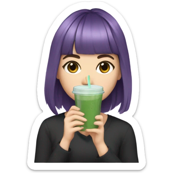  one white girl with eyeliner, mid length hair wavy, purple hair, bangs, holding iced matcha, dark shirt sticker