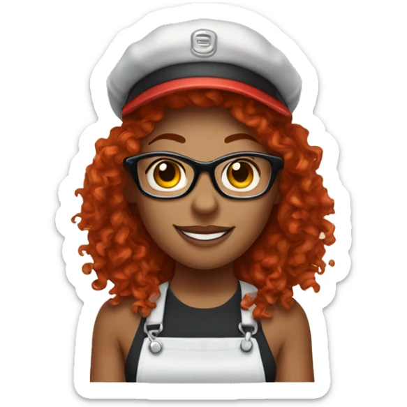 Female barista with red curly hair and glasses and a visor and two nose rings and lip piercing  sticker