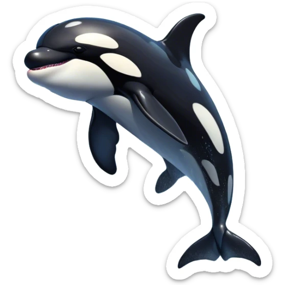 Meme-Worthy Breaching orca Portrait Emoji, Bursting powerfully out of the ocean with an impressive, high-energy leap, showcasing a sleek black-and-white body glistening with water droplets and dynamic, arched posture, Simplified yet exhilaratingly expressive features, highly detailed, glowing with a vibrant marine energy, high shine, bold and full of life, stylized with an air of untamed ocean spirit, soft glowing outline, capturing the essence of an orca mid-breach, radiating pure, unstoppable aquatic power! sticker